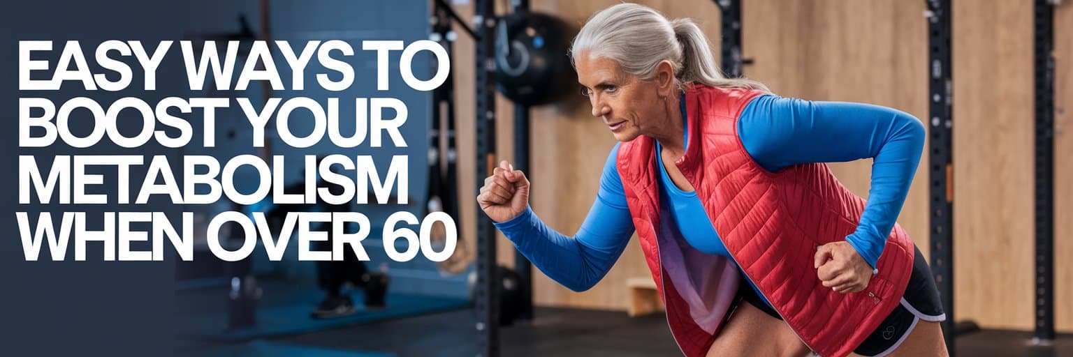 A photo of a woman in her 60s doing a high-intensity interval training (HIIT) workout. She is wearing a red vest, blue shirt, and black shorts. The background contains fitness equipment. The text "Easy Ways To Boost Your Metabolism When Over 60