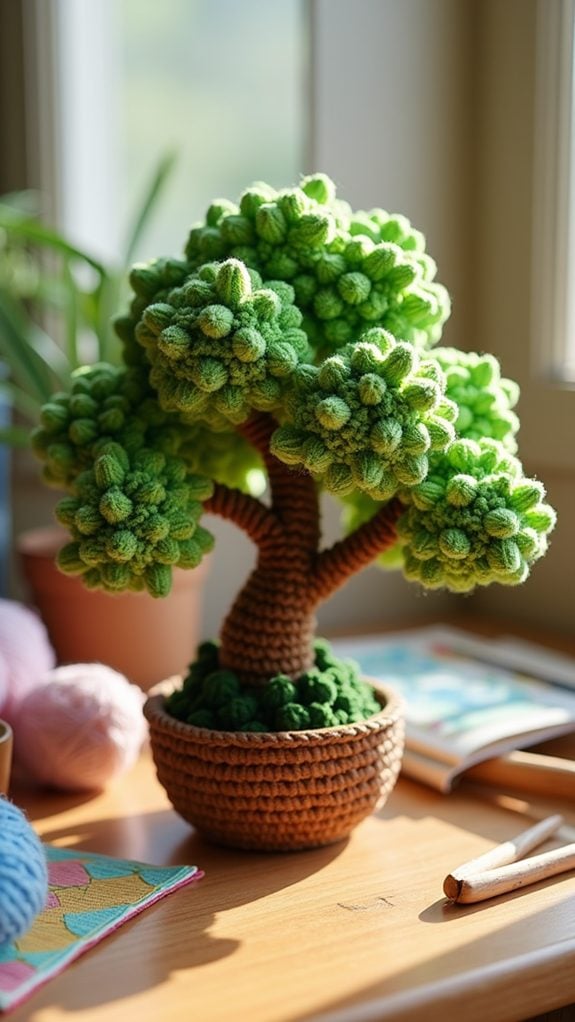crocheted miniature bonsai tree