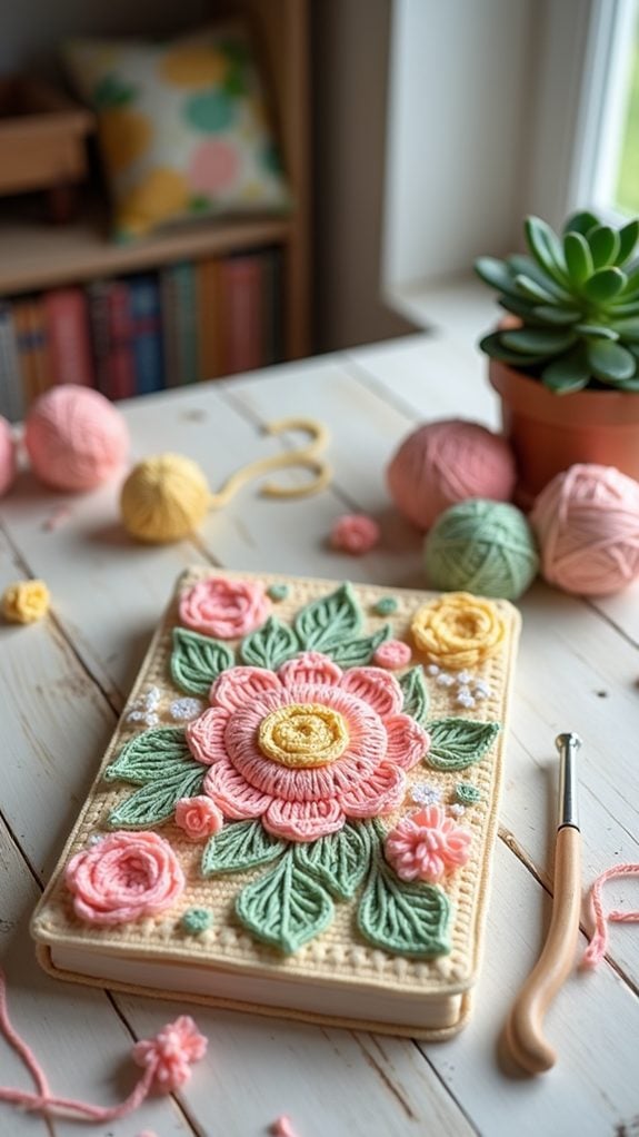 flower patterned crochet book cover
