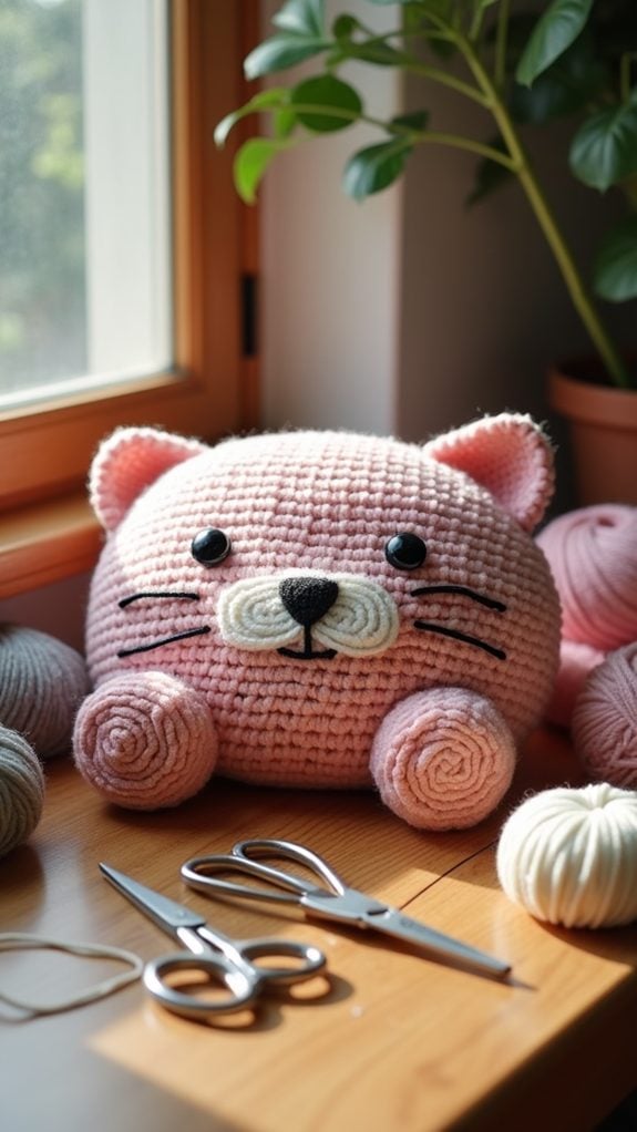 handmade crochet feline cushions