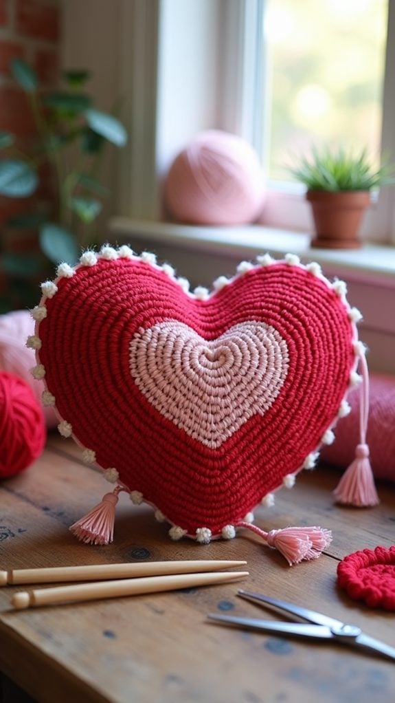 tassel adorned heart pillow