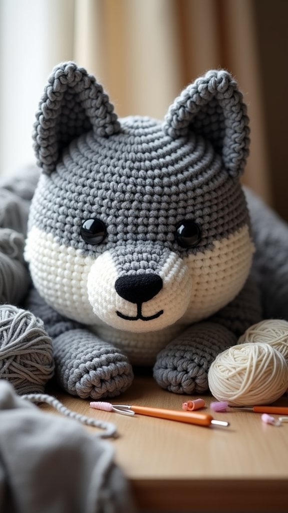 cozy crocheted wolf cushion
