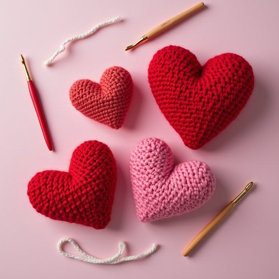 crocheted heart shaped plushies