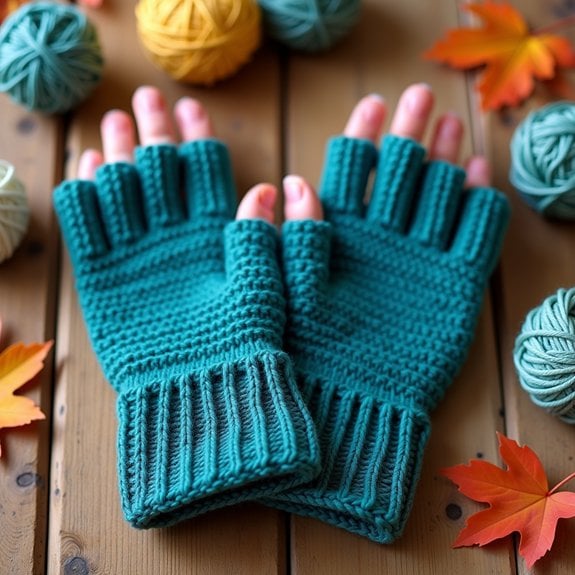 teal colored fingerless gloves