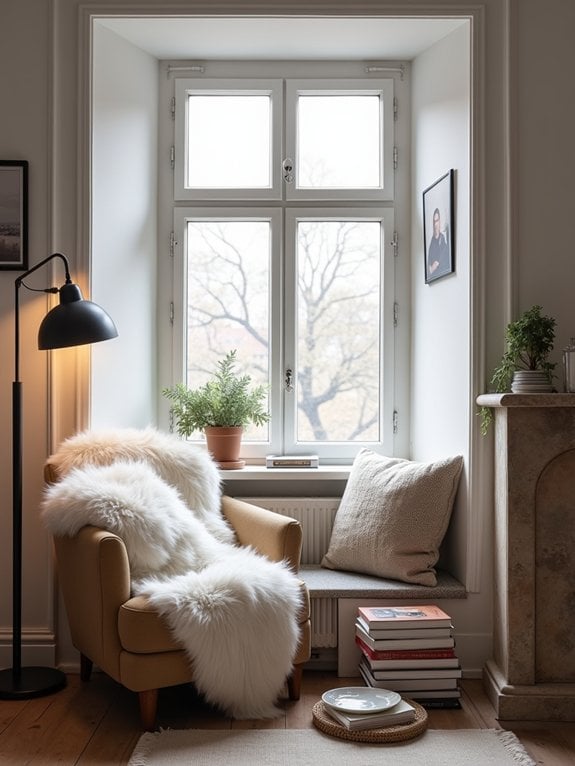 cozy sheepskin reading nook