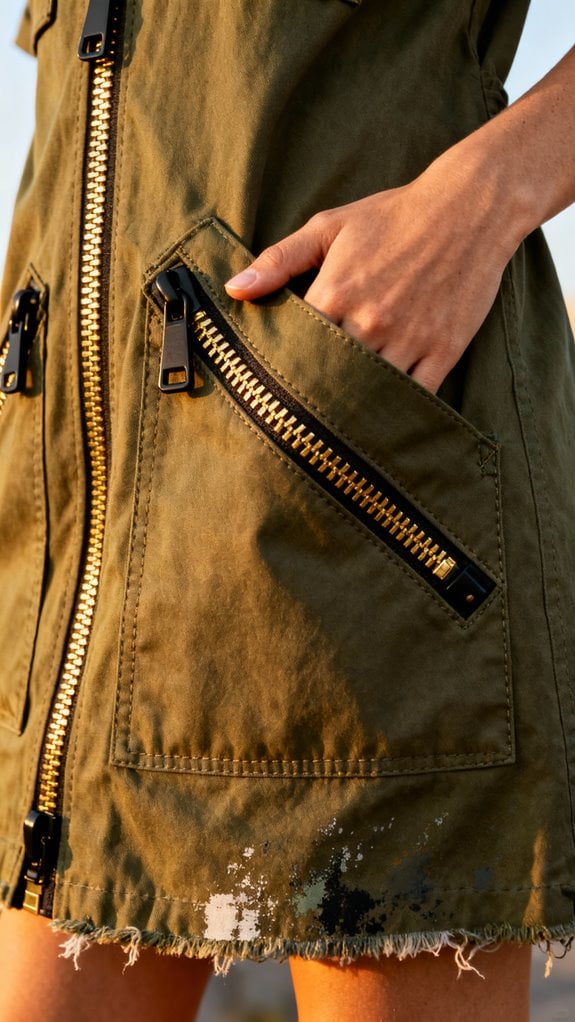 exposed zippers with pockets