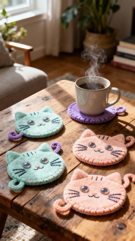 whimsical felt cat coasters