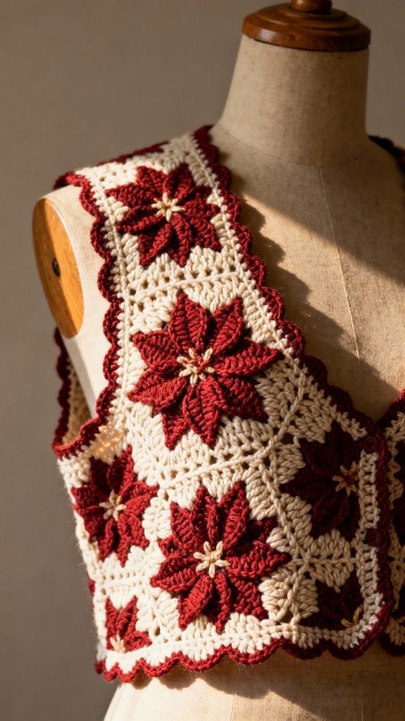 crocheted poinsettia motif vest