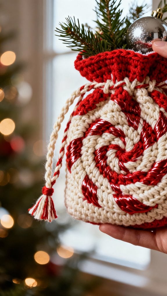festive peppermint drawstring pouch